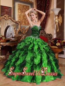 Ball Gown Modest Green and Black Sweetheart Beading and Ruffles Sweet Sixteen Dresses