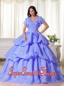 Blue Ball Gown Strapless Organza Hand Flowers Modest Sweet Sixteen Dresses