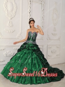 Dark Green Ruffled Layers Sweetheart A-line Court Train Taffeta and Organza Appliques Perfect Sweet 16 Dress
