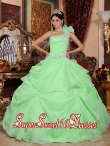 Green Ball Gown One Shoulder Organza Appliques Modest Sweet Sixteen Dresses