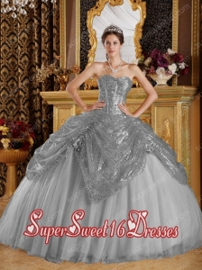 Grey Ball Gown Sweetheart With Sequined and Tulle Handle Flowers Plus Size Sweet 16 Dresses