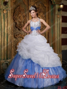 Halter Top 15th Birthday Party Dresses in White and Blue Baby with Beading