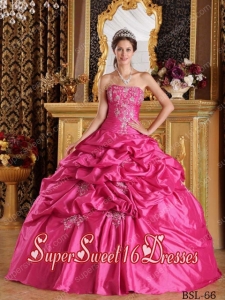 Hot Pink Pick-ups Ball Gown Strapless Taffeta Perfect Sweet 16 Dress with Appiliques