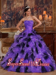 Organza Purple and Black Ball Gown Strapless Ruffles Perfect Sweet 16 Dress with Beading