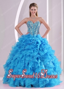 Plus Size In Blue Sweetheart Organza 2014 Sweet 16 Dresses with Fitted Waist
