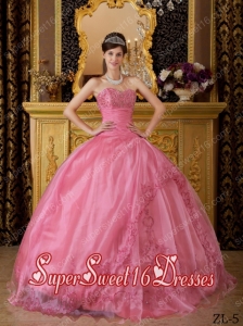 Popular Rose Pink Ball Gown Sweetheart Appliques Organza 15th Birthday Party Dresses