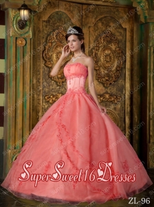 Popular Watermelon Ball Gown Organza 15th Birthday Party Dresses with Appliques