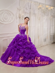 Purple Court Train A-line Organza Spaghetti Straps Beading Perfect Sweet 16 Dress with Pick Ups