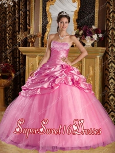 Rose Pink Taffeta and Tulle Pick Ups Ball Gown Beading A-line Perfect Sweet 16 Dress
