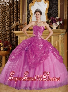 Sequined and Tulle Pink Sweetheart Ball Gown Hand Made Flowers Perfect Sweet 16 Dress