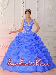 Straps Blue Satin and Organza A-line Appliques Perfect Sweet 16 Dress wiht Hand Made Flower