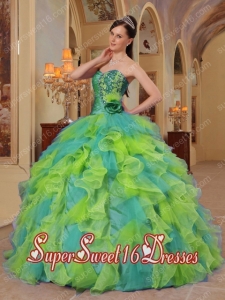 Sweetheart Ball Gown Ruffles Organza Perfect Sweet 16 Dress in Mlti-colour with Hand Made Flower