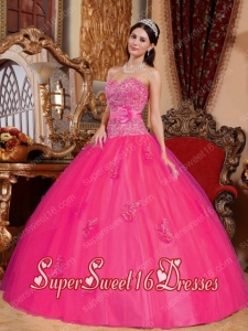 Sweetheart Hot Pink Tulle Appliques Perfect Sweet 16 Dress with Beading and Hand Made Flower