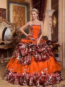 Taffeta and Leopard Pick-ups Orange Red Ball Gown Strapless Perfect Sweet 16 Dress