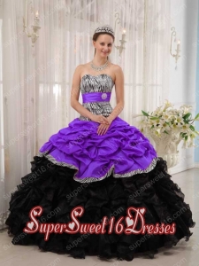 Zebra Taffeta and Organza Brand New Purple and Black Ball Gown Sweetheart Perfect Sweet 16 Dress with Pick Ups