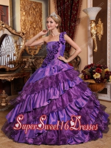 Ball Gown With One Shoulder Made With Taffeta and Organza Hand Made Flowers In Plus Size For Sweet 16 Dresses
