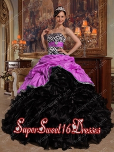 Hot Pink and Black Ball Gown Sweetheart Pick-ups Taffeta and Organza Popular Sweet 16 Dresses