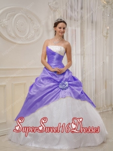 Lavender and White Popular Strapless Taffeta and Tulle Beading Sweet 16 Dresses