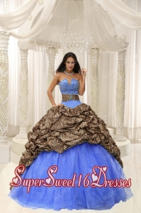 Leopard and Organza Beading Decorate Sweetheart V-neck Perfect Sweet 16 Dress with Pick Ups