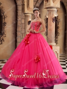Popular Coral Red Ball Gown Strapless Satin and Tulle Beading Sweet 16 Dresses