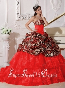 Red Sweetheart Appliques Sweep Train Leopard and Organza Popular Sweet 16 Dresses