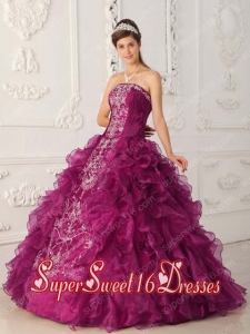 Strapless Fuchsia Ball Gown Satin and Organza Embroidery Popular Sweet 16 Dresses
