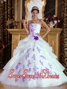 White and Purple A-Line Strapless Organza Appliques Popular Sweet 16 Dresses