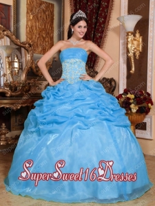 Baby Blue Strapless Ball Gown Organza Appliques Popular Sweet 16 Dresses