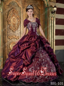 Burgundy Ball Gown Strapless Floor-length Taffeta Embroidery Simple Sweet Sixteen Dresses