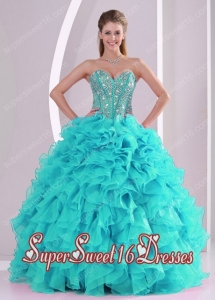 Elegant Aqua Blue Ball Gown Sweetheart Ruffles and Beaded Decorate Simple Sweet Sixteen Dresses in Sweet 16
