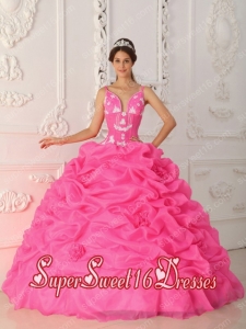 Hot Pink Ball Gown Straps Floor-length Satin and Organza Appliques Quinceanera Dress