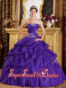 Purple Ball Gown Strapless Floor-length Taffeta Appliques Simple Sweet Sixteen Dresses