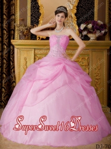 Simple Pink Ball Gown Strapless Organza Beading and Ruching Sweet Sixteen Dresses