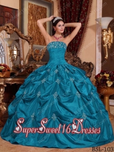 Teal Ball Gown Strapless Floor-length Taffeta Appliques Simple Sweet Sixteen Dresses