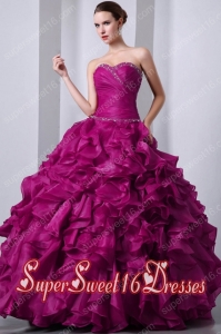 A-Line Fuchsia Sweetheart Floor-length Organza Beading and Rufffles Popular Sweet 16 Dresses