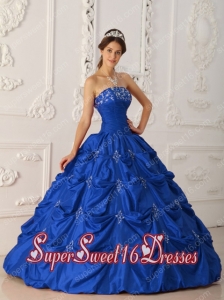 Dark Blue Ball Gown Strapless Floor-length Taffeta Appliques and Beading Simple Sweet Sixteen Dresses