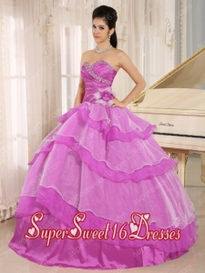 Sweetheart Beaded and Ruched Ruffled Layeres Popular Sweet 16 Dresses in Hot Pink