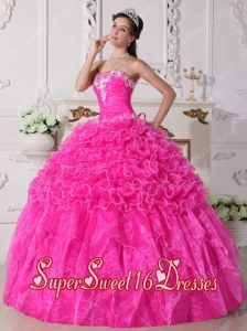 Embroidery Beading Ball Gown Strapless Organza Pretty Quinceanera Dresses in Pink
