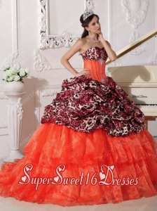 Ball Gown In Orange Red With Sweetheart Sweep / Brush Train Leopard and Organza Appliques Sweet 16