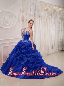 Ball Gown In Royal Blue With Spaghetti Straps Court Train Organza Beading Sweet 16