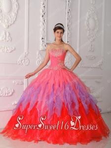 Ball Gown In Watermelon Sweetheart With Floor-length Organza Beading and Ruch Sweet 16