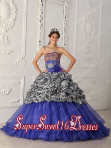 Beautiful Blue Ball Gown Strapless Chapel Train Zebra and Organza Sweet 16 Ball Gowns