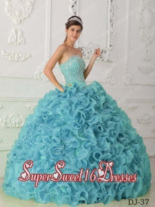 Beautiful Blue Ball Gown With Strapless Floor-length Organza Beading For Sweet 16