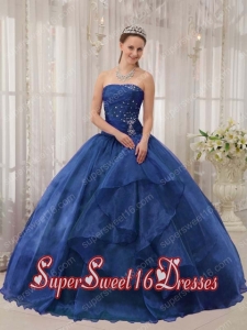 Blue Ball Gown Strapless Floor-length Organza Beading Simple Sweet Sixteen Dresses