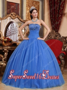 Blue Ball Gown Strapless Simple Floor-length Tulle Embroidery with Beading Sweet Sixteen Dresses