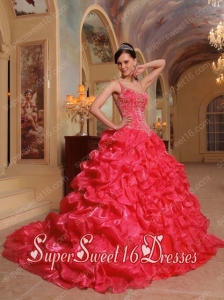 Coral Red Ball Gown Spaghetti Straps With Organza Embroidery Sweet 16 Ball Gowns