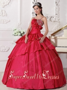 Coral Red Ball Gown Straps Floor-length Taffeta Beading Sweet Sixteen Dresses Simple