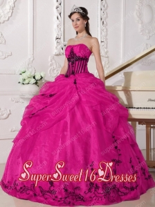 Coral Red and Black Ball Gown Strapless Floor-length Organza Appliques Simple Sweet Sixteen Dresses