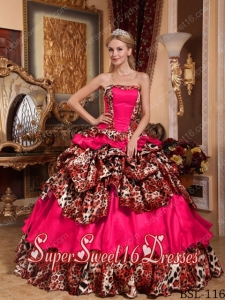 Elegant Coral Red Ball Gown Strapless With Taffeta and Leopard Pick-ups Sweet 16 Ball Gowns