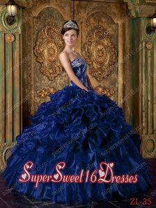 Elegant Dark Blue Ball Gown Strapless Floor-length Organza Ruffles Sweet 16 Ball Gowns